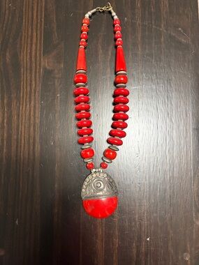 Red Statement Bead Necklace with Ornate Pendant - Women Jewelry